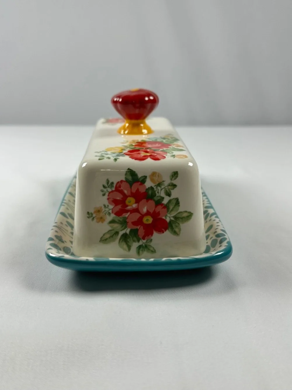 The Pioneer Woman Vintage Floral Butter Dish Stoneware Ceramic Red Teal Yellow
